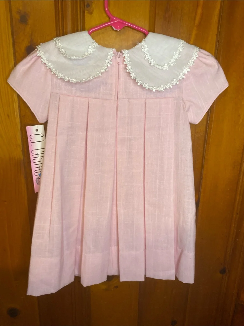 C.I. Castro Pink Girls Pleated Dress with White Lace Collar